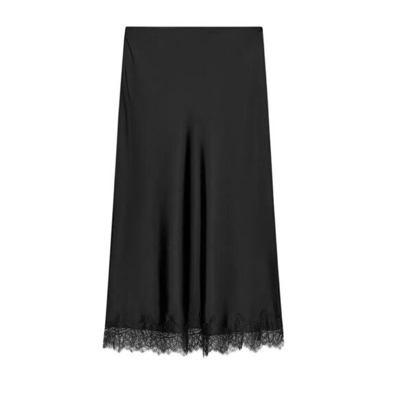 Zara Women's Small Black Satin Effect Lace Trim Mid-Rise Midi Skirt - Picture 5 of 8
